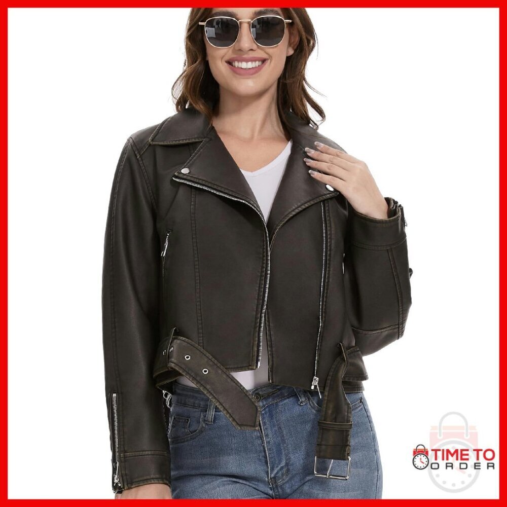 Faux Leather Motorcycle Jacket Women's Moto Biker Coat PU Outwear